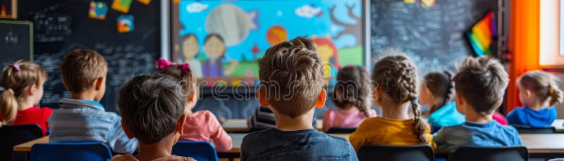 Bambini in classe che guardano un cartone animato educativo sullo schermo retrovisore colorato ambiente di apprendimento attivo pr illustrazione vettoriale