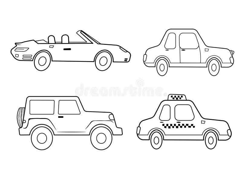 Bambini con colori divertenti con un set da trasporto Vignetta vignettata di automobili e veicoli, immagine in bianco e nero, iso illustrazione vettoriale