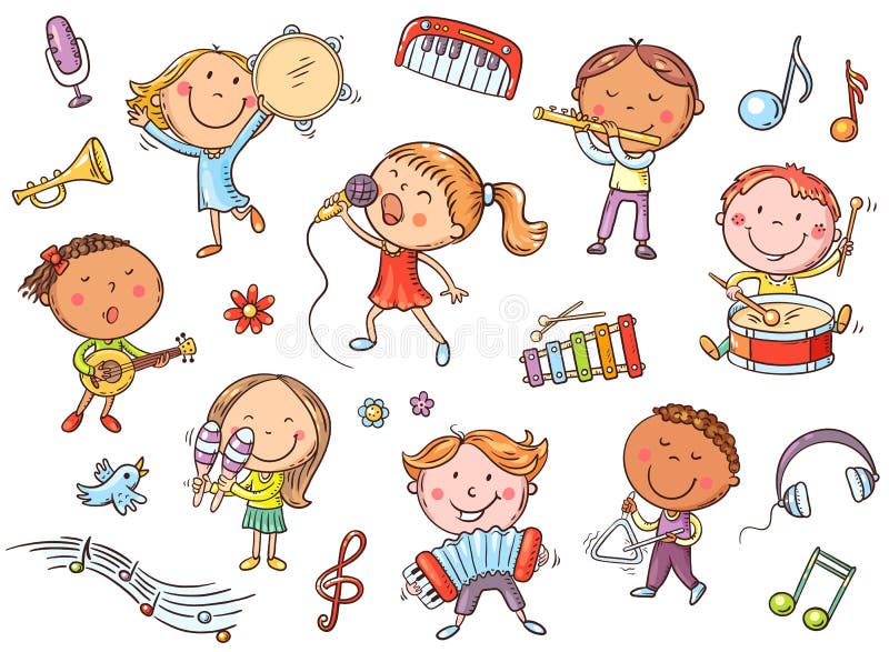 Bambini con diversi strumenti musicali che suonano musica e cantano royalty illustrazione gratis