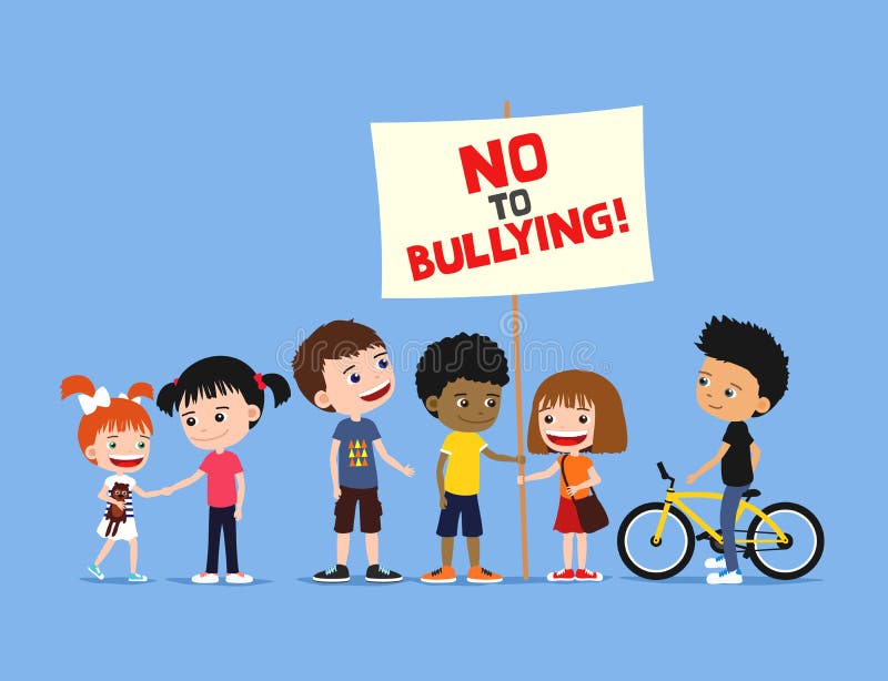 Bambini contro opprimere Gruppo di diversi bambini che tengono insegna su un fondo blu Illustrazione sveglia del fumetto