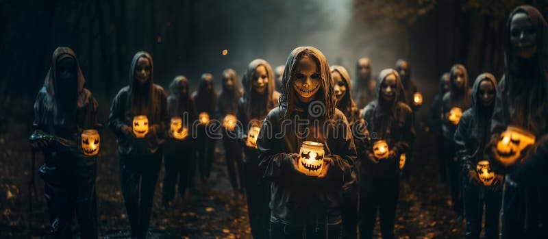 Gathering of young scary children wearing masks, hoods and carrying spooky candle vases on a foggy night - generative AI. Gathering of young scary children wearing masks, hoods and carrying spooky candle vases on a foggy night - generative AI