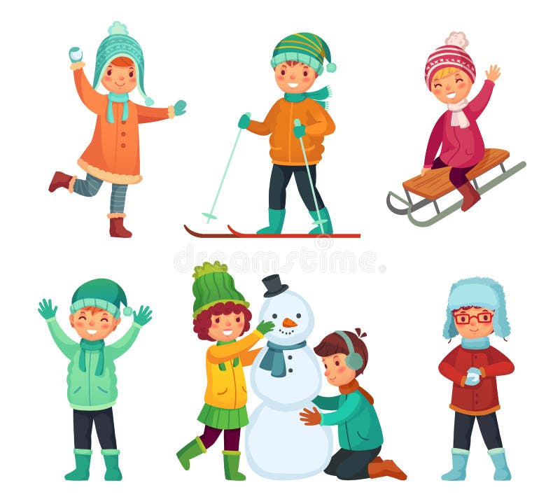 Bambini di inverno del fumetto Gioco di bambini nella vacanza invernale, sledding e facente pupazzo di neve Insieme di vettore de illustrazione di stock Bambini di inverno del fumetto Gioco di bambini nella vacanza invernale, sledding e facente pupazzo di neve Insieme di vettore de illustrazione di stock