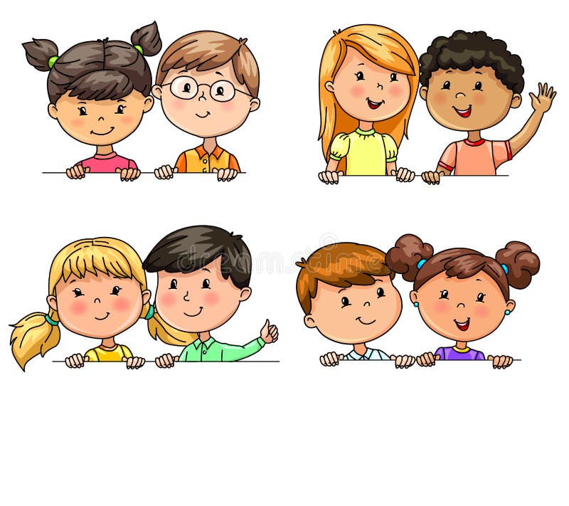 Bambini divertenti nelle nazionalità differenti di paia che tengono insegna illustrazione di stock Bambini divertenti nelle nazionalità differenti di paia che tengono insegna illustrazione di stock