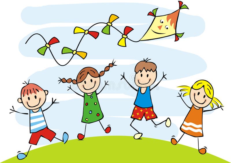 Bambini e aquilone felici, illustrazione divertente, icona di vettore illustrazione di stock Bambini e aquilone felici, illustrazione divertente, icona di vettore illustrazione di stock