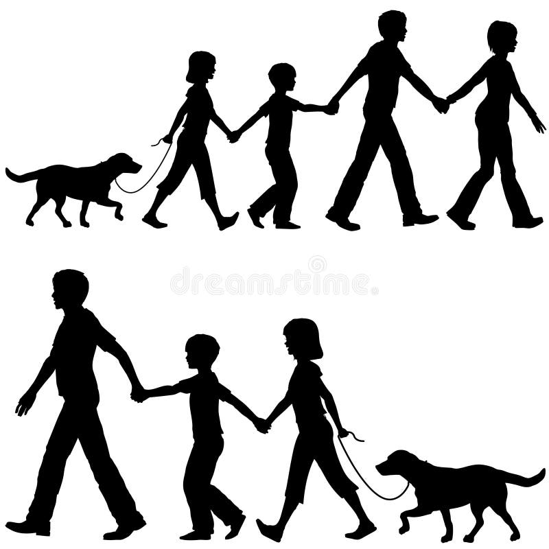 Bambini e cane casuali del cavo del papà della mamma della famiglia sulla camminata illustrazione vettoriale