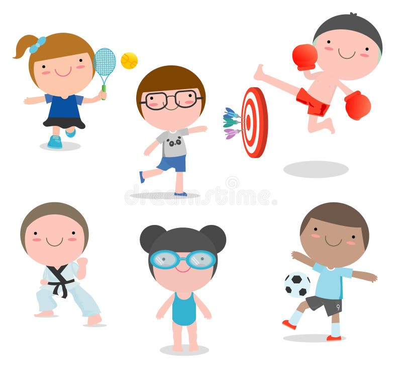 Bambini e sport, bambini che giocano i vari sport su fondo bianco, nuoto, pugilato, calcio, tennis, karatè, dardi, vettore illustrazione vettoriale Bambini e sport, bambini che giocano i vari sport su fondo bianco, nuoto, pugilato, calcio, tennis, karatè, dardi, vettore illustrazione vettoriale