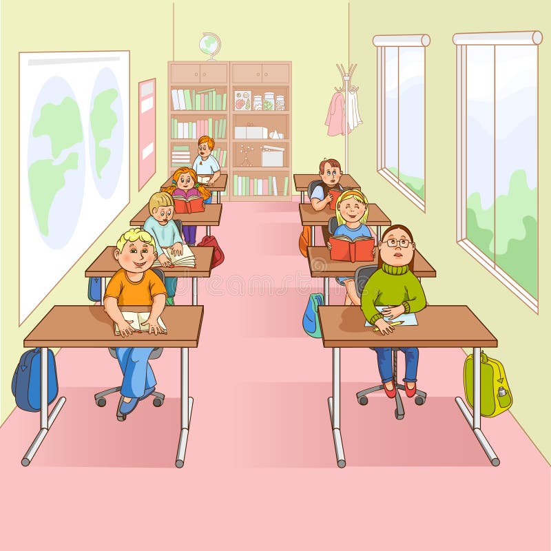 Children at their desks in classroom at school with copybooks and tutorials cartoon color paint vector illustration. Children at their desks in classroom at school with copybooks and tutorials cartoon color paint vector illustration