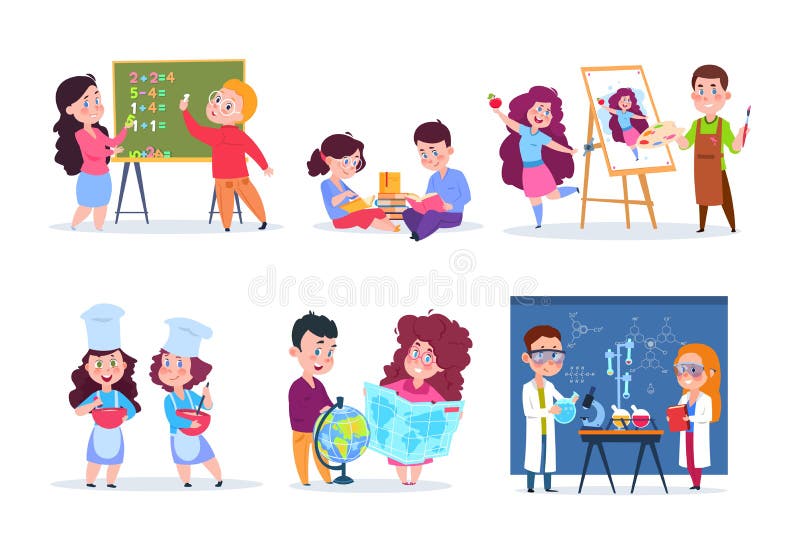 Bambini nelle lezioni Istruisca i bambini che studiano la geografia, la chimica ed il per la matematica I ragazzi e le ragazze le illustrazione vettoriale Bambini nelle lezioni Istruisca i bambini che studiano la geografia, la chimica ed il per la matematica I ragazzi e le ragazze le illustrazione vettoriale