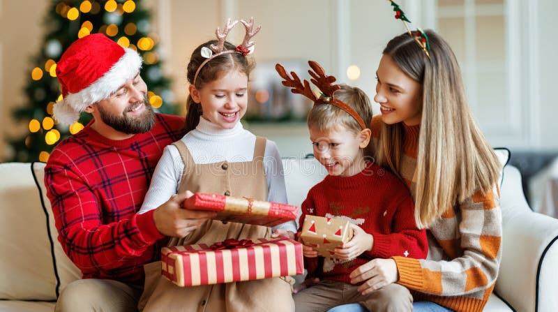 Bambini piccoli e felici sorelle che fanno regali di xmas mentre sono seduti con genitori giovani che amano fotografia stock libera da diritti