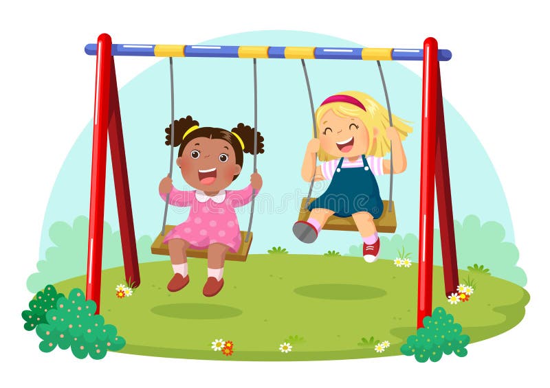 Bambini svegli divertendosi sull'oscillazione in campo da giuoco illustrazione di stock