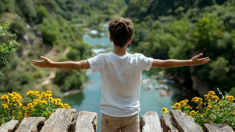 Ragazzo con le braccia tese che ammira la vista del fiume di montagna illustrazione vettoriale