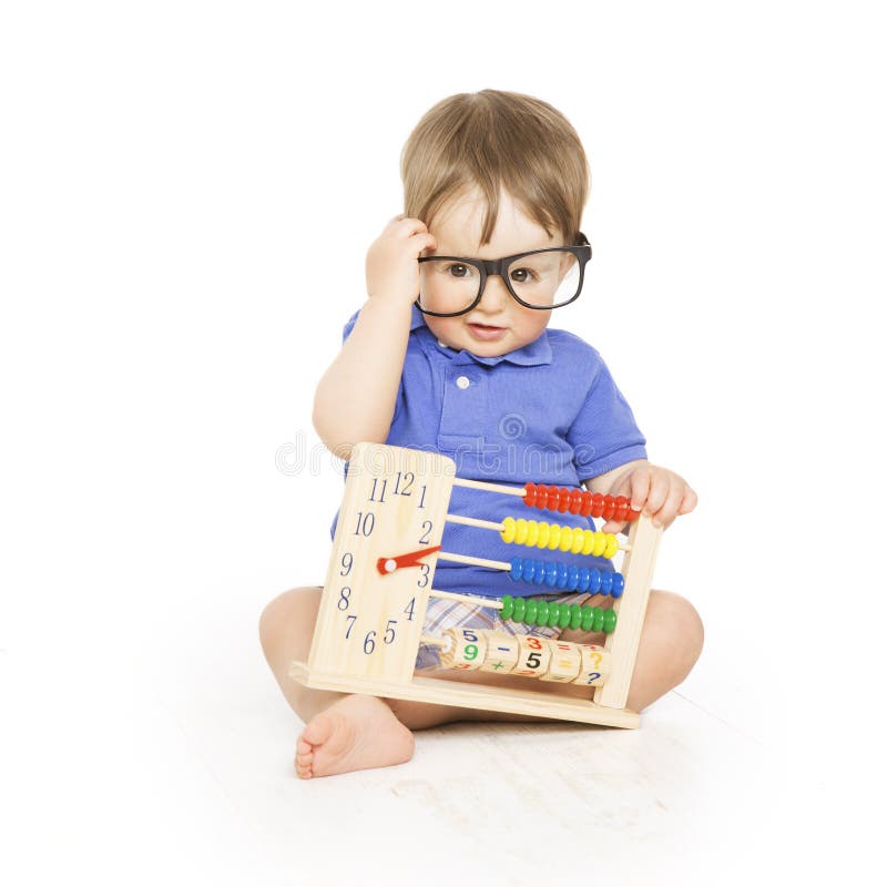 Boy child with abacus clock in glasses counting, smart little kid study lesson, education concept. Boy child with abacus clock in glasses counting, smart little kid study lesson, education concept
