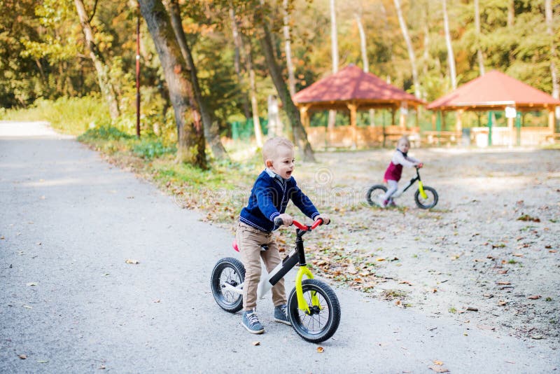Bambino gemello e bambina di un parco d'autunno, in bicicletta in equilibrio immagine stock Bambino gemello e bambina di un parco d'autunno, in bicicletta in equilibrio immagine stock