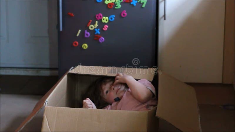 Bambino piccolo che gioca in una scatola di cartone archivi video