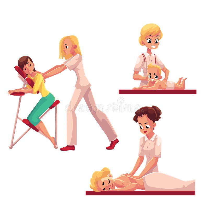 Bambino professionale, donna, servizi mobili di massaggio della sedia fissati illustrazione di stock