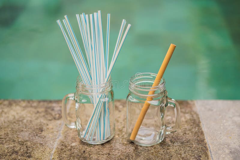 Bamboo Drinking Straw Vs Disposable Straws on the Background of the