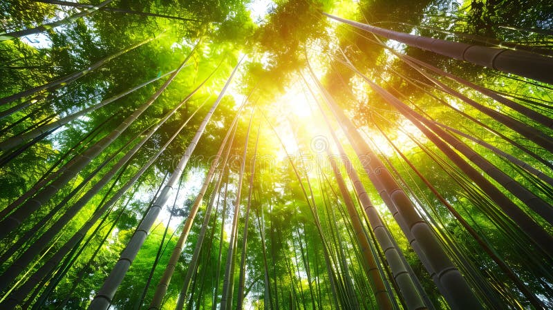 Bamboo Forest Sunlight Streams Through Tall Lush Green Stalks in the Serene Tranquil Grove Tworzenie Pokoju W. Las Bamboo : Sunlight Streams Through Tall Lush Green Stalks in the Serene Tranquil Grove Tworzenie Pokojowej Atmosfery. Odkryj Sanktuarium Piękności Naturów. Generacyjna kompozycja kolorowa obrazu AI