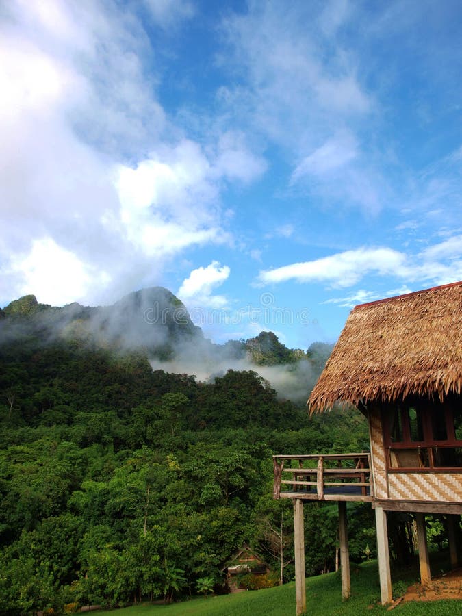 Bamboo hut and mountains