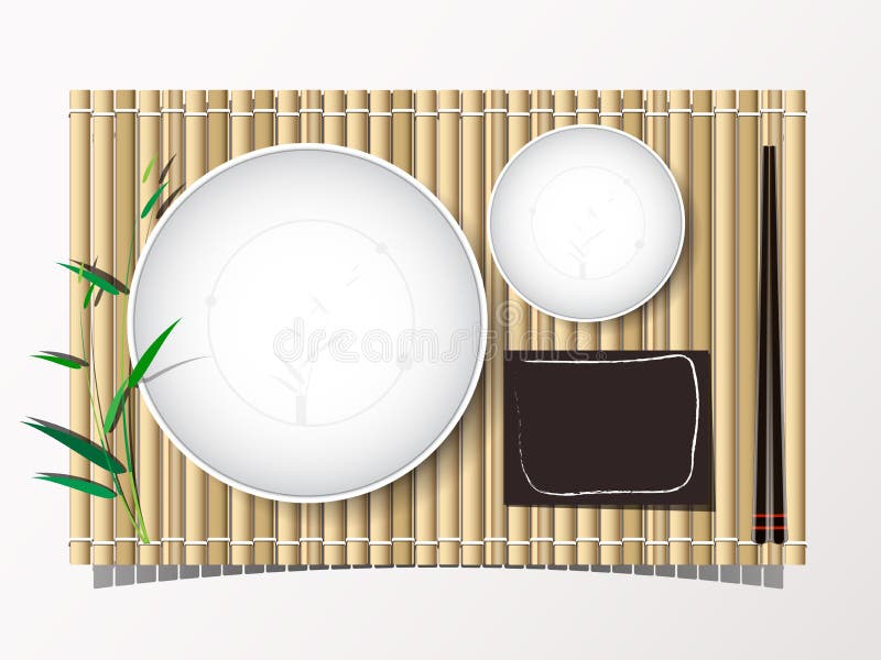 Bamboo mat and dish and chopsticks set lunch top view bakcground. vector illustration. vector illustration Bamboo mat and dish and chopsticks set lunch top view bakcground. vector illustration. vector illustration