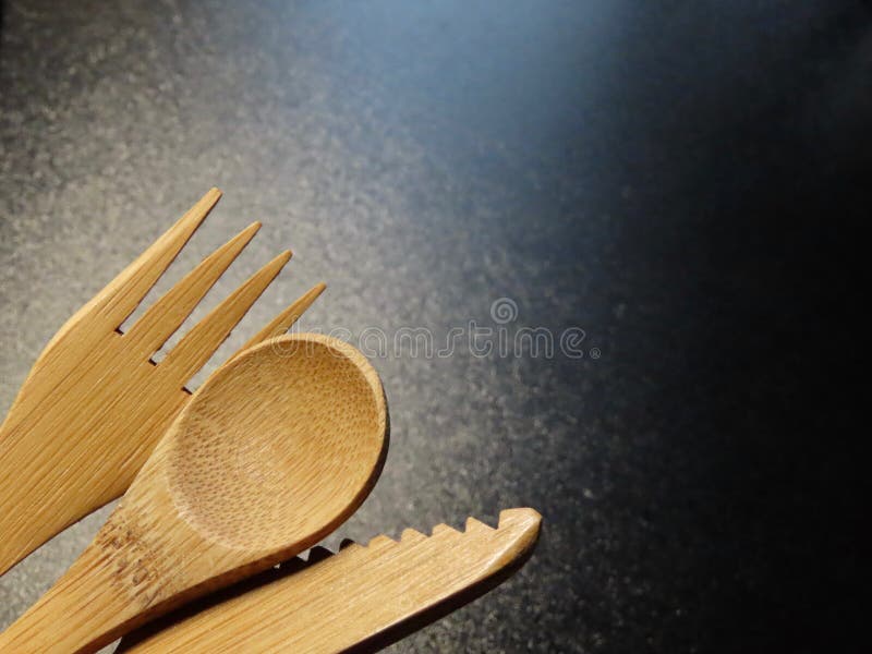 Bamboo spoon, fork, knife stock image. Image of natural 174599287