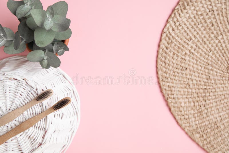 Bamboo tandborste och blad av eukalyptus på rosa bakgrund royaltyfri foto