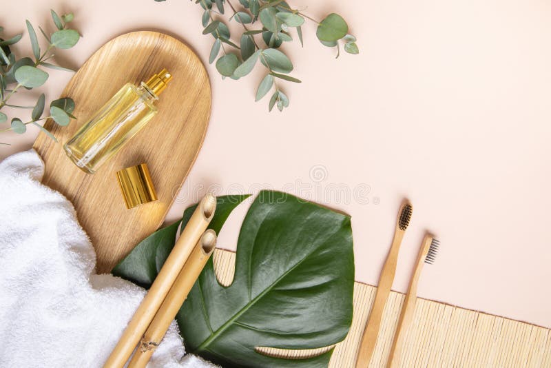 Bamboo tandborste och blad av eukalyptus på rosa bakgrund arkivbilder