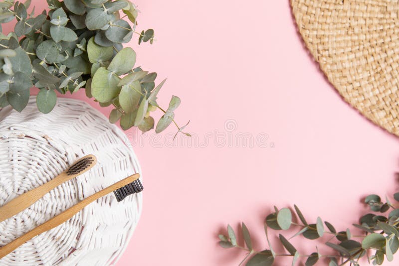 Bamboo tandborste och blad av eukalyptus på rosa bakgrund royaltyfri fotografi