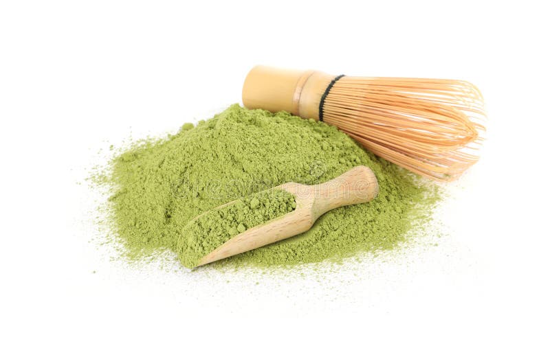 Bamboo Whisk and Scoop with Matcha Powder Isolated on White Stock Photo