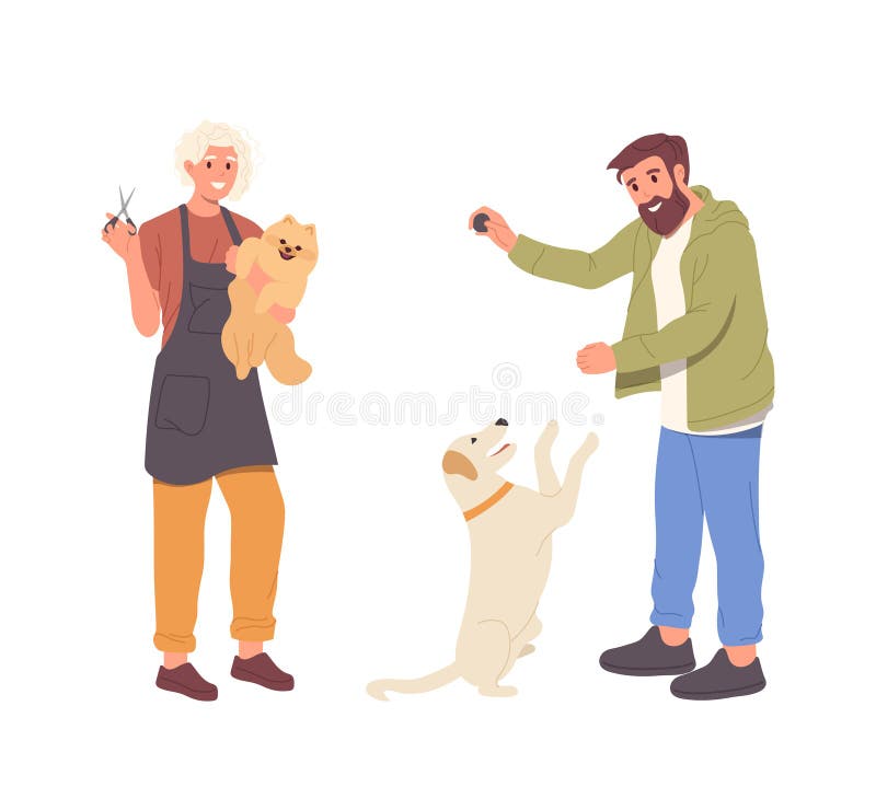 Female groomer specialist and male dog trainer instructor isolated set on white background. Handee people cartoon characters. Pet sitter and animal hairdresser profession vector illustration. Female groomer specialist and male dog trainer instructor isolated set on white background. Handee people cartoon characters. Pet sitter and animal hairdresser profession vector illustration