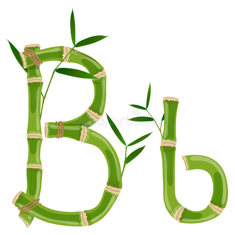 Bamboo letter B with young shoots with leaves, eco vector font. Bamboo letter B with young shoots with leaves, eco vector font