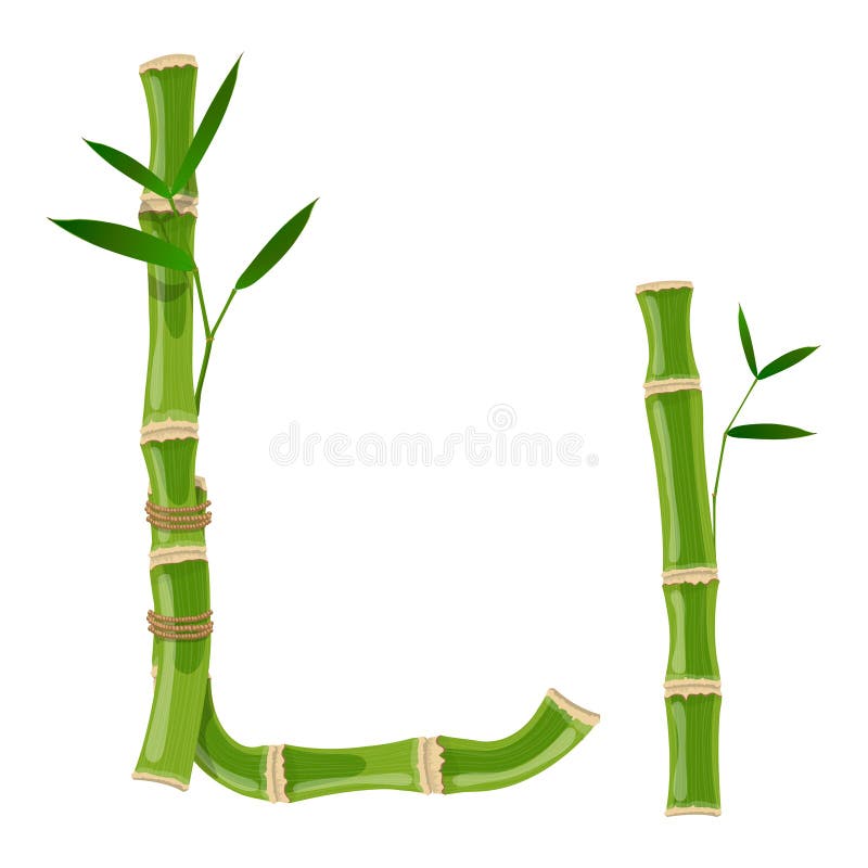 Bamboo letter L with young shoots with leaves, eco vector font. Bamboo letter L with young shoots with leaves, eco vector font