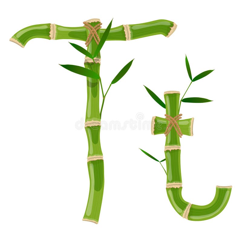 Bamboo letter T with young shoots with leaves, eco vector font. Bamboo letter T with young shoots with leaves, eco vector font