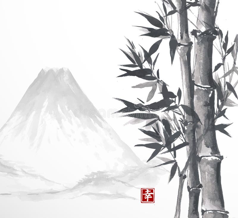 Bamboo trees and high mountains, hand-drawn with ink in traditional Japanese style sumi-e. Vector illustration. Contains hieroglyph - happiness. Bamboo trees and high mountains, hand-drawn with ink in traditional Japanese style sumi-e. Vector illustration. Contains hieroglyph - happiness.