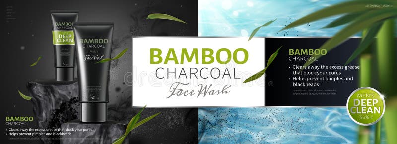 Bamboo charcoal cleansing product banner ads with flying leaves and black ingredients in 3d illustration. Bamboo charcoal cleansing product banner ads with flying leaves and black ingredients in 3d illustration