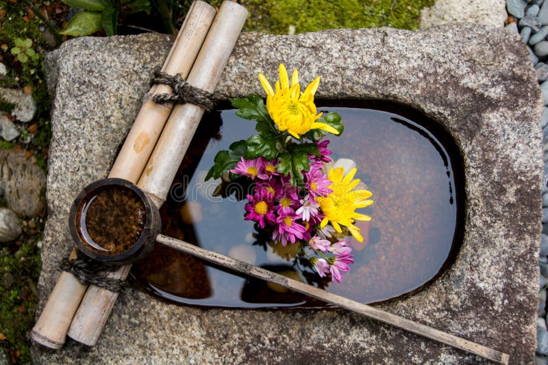 Bambusleven på en stenhandfat fyllde med en blommaordning i Kyoto Japan arkivbild Bambusleven på en stenhandfat fyllde med en blommaordning i Kyoto Japan arkivbild