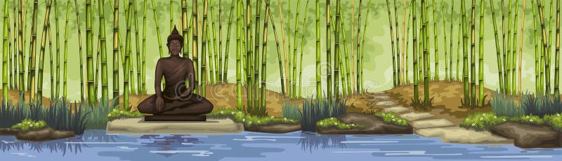 Bambusowy las z Buddha statuą medytacja ilustracja wektor