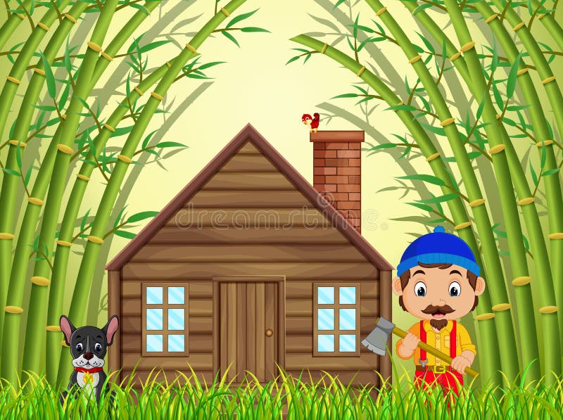Bambusowy las z szczęśliwym psem i lumberjack ilustracji