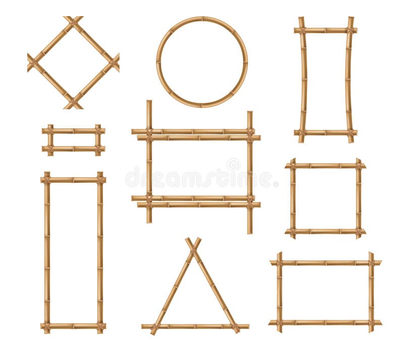 Bamboo frame. Wooden brown bamboo stick square and round border frames tied by ropes in japanese and chinese style vector isolated board nature mockups. Bamboo frame. Wooden brown bamboo stick square and round border frames tied by ropes in japanese and chinese style vector isolated board nature mockups