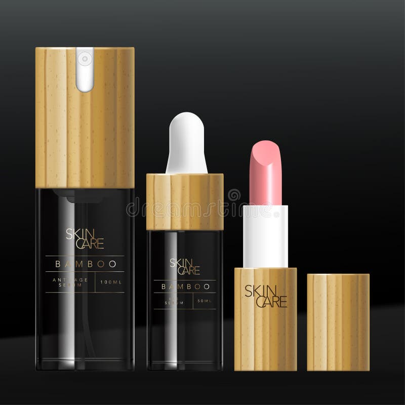 Bambú de belleza vectorial o embalaje de madera conjunto con botellas de bomba sérica botellas de botellas y tubo de lápiz labial. ilustración del vector