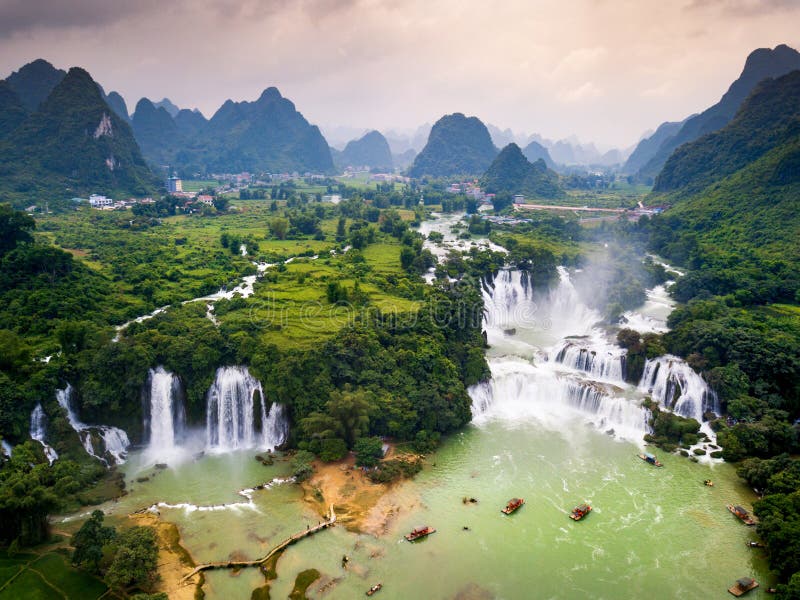 Ban Gioc Detian waterfall on China and Vietnam border aerial vie royalty free stock photo Ban Gioc Detian waterfall on China and Vietnam border aerial vie royalty free stock photo