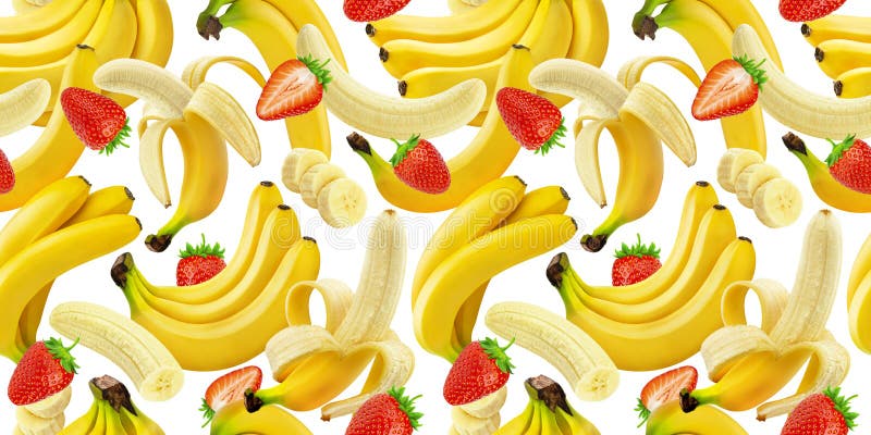Banaan en aardbei naadloos patroon, dalende die bananen en aardbeien op witte achtergrond met het knippen van weg wordt geïsoleer royalty-vrije illustratie Banaan en aardbei naadloos patroon, dalende die bananen en aardbeien op witte achtergrond met het knippen van weg wordt geïsoleer royalty-vrije illustratie