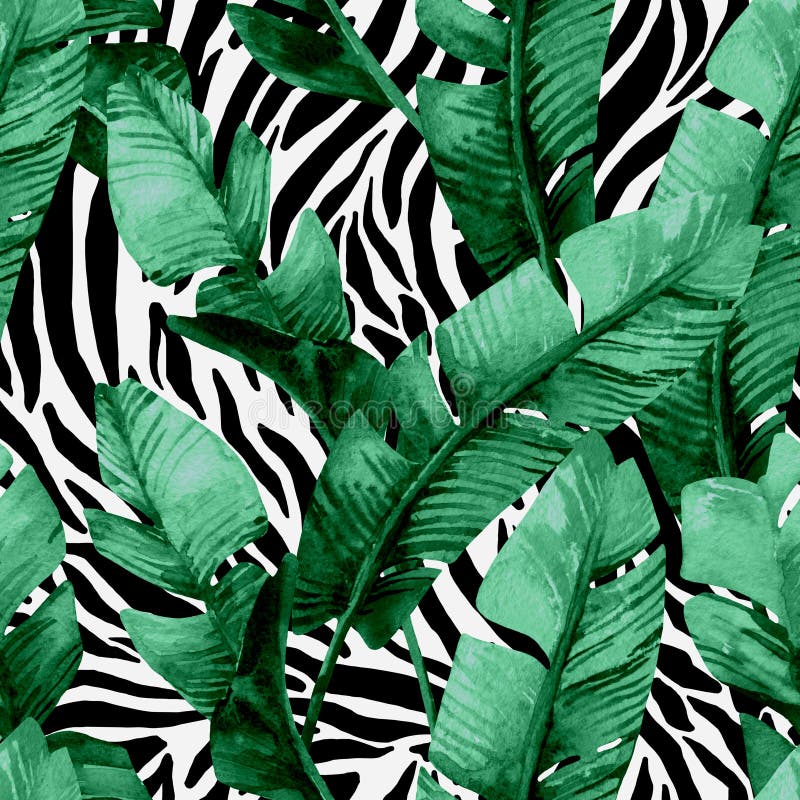 Banaanblad op dierlijk druk naadloos patroon Ongebruikelijke tropische bladeren, de achtergrond van tijgerstrepen
