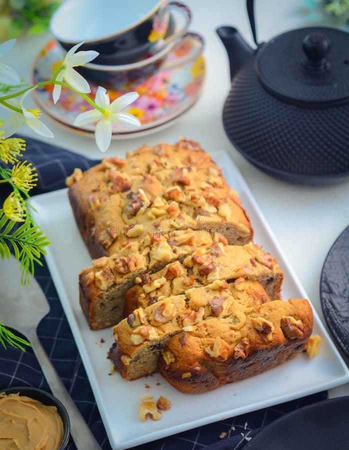 Banana bread freshly baked for breakfast stock photos