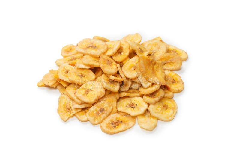 Banana Chips Isolated on a White Background. Dehydrated Banana Stock