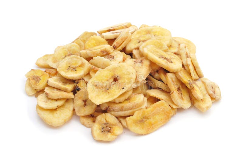 A pile of banana chips on a white background. Crispy diet stock images, royalty-free photos and pictures
