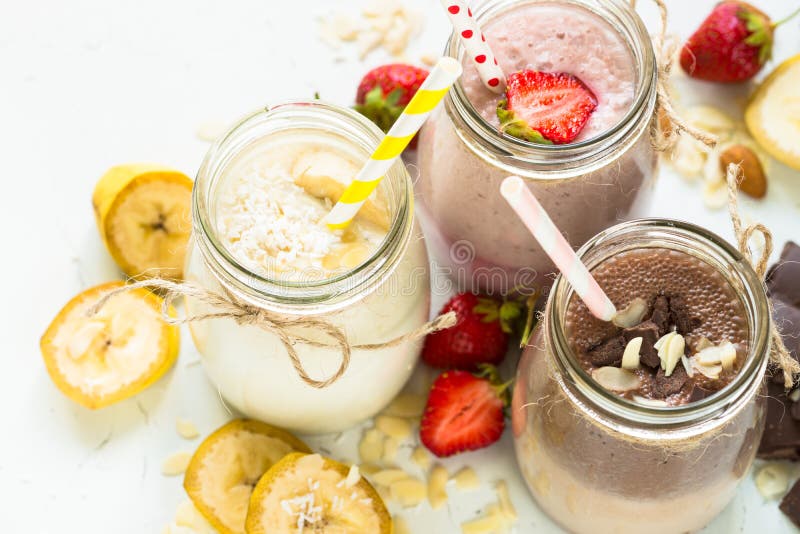 Banana chocolate and strawberry milkshakes