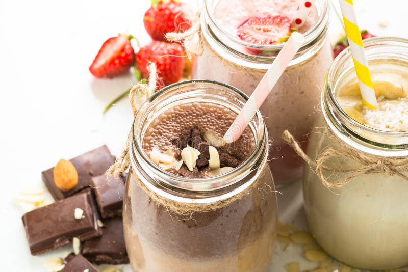 Banana chocolate and strawberry milkshakes