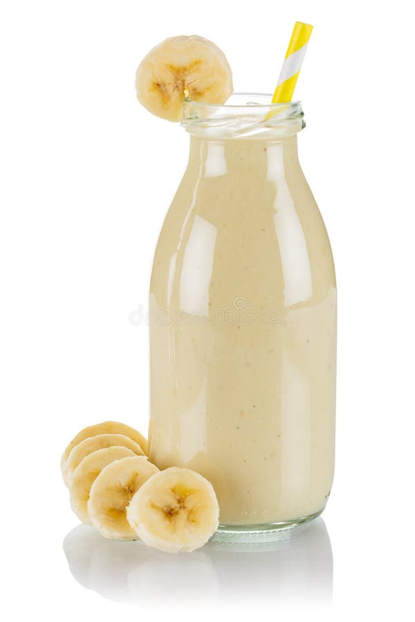 Banana fruit juice smoothie fresh drink in a bottle isolated on white