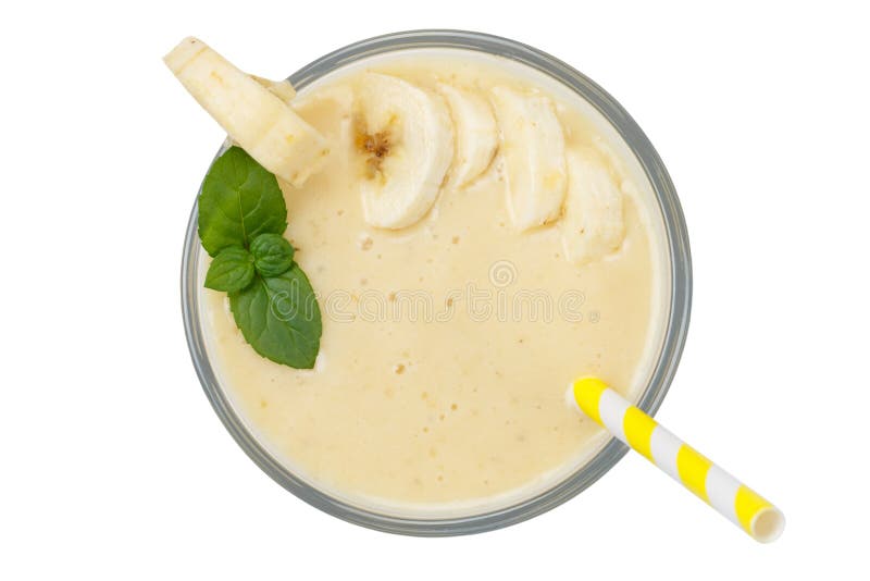 Banana fruit juice smoothie fresh drink in a glass from above isolated on white