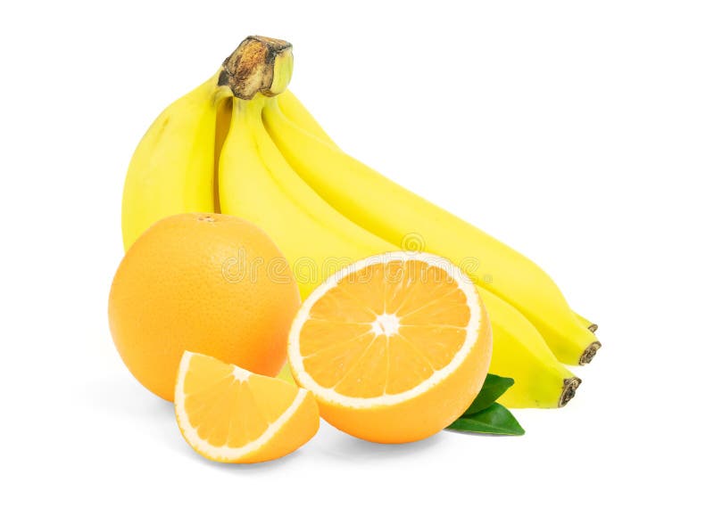 Banana with Orange fruit cut half and slice and green leaf